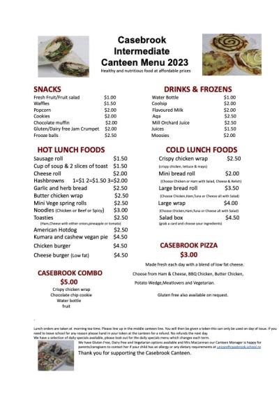 Casebrook Canteen Menu 2024